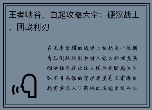 王者峡谷，白起攻略大全：硬汉战士，团战利刃